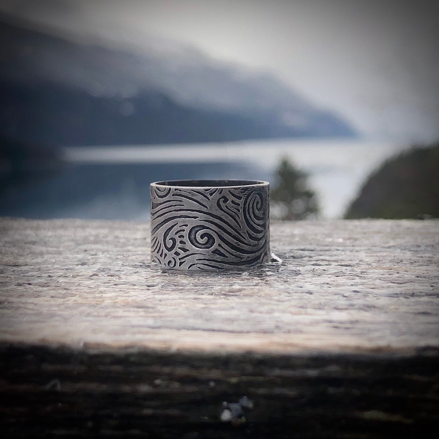 Sterling silver wide band waves wind and water textured ring. Boho style ring.