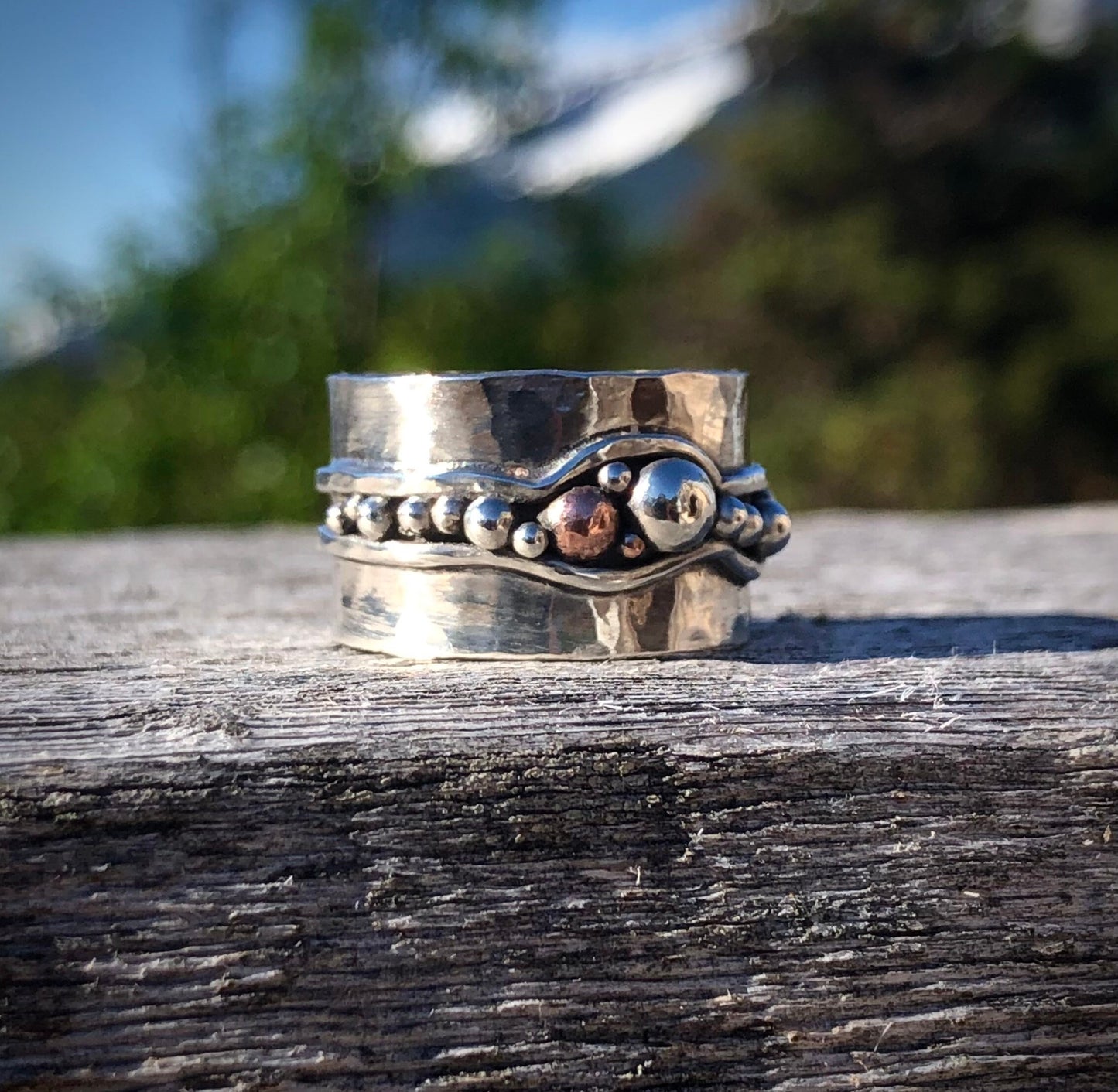 Sterling Silver Wide Band, Boho Style Statement Ring. River Rocks on Hammered Silver. Made in Alaska