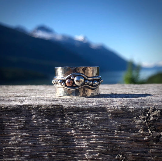 Sterling Silver Wide Band, Boho Style Statement Ring. River Rocks on Hammered Silver. Made in Alaska