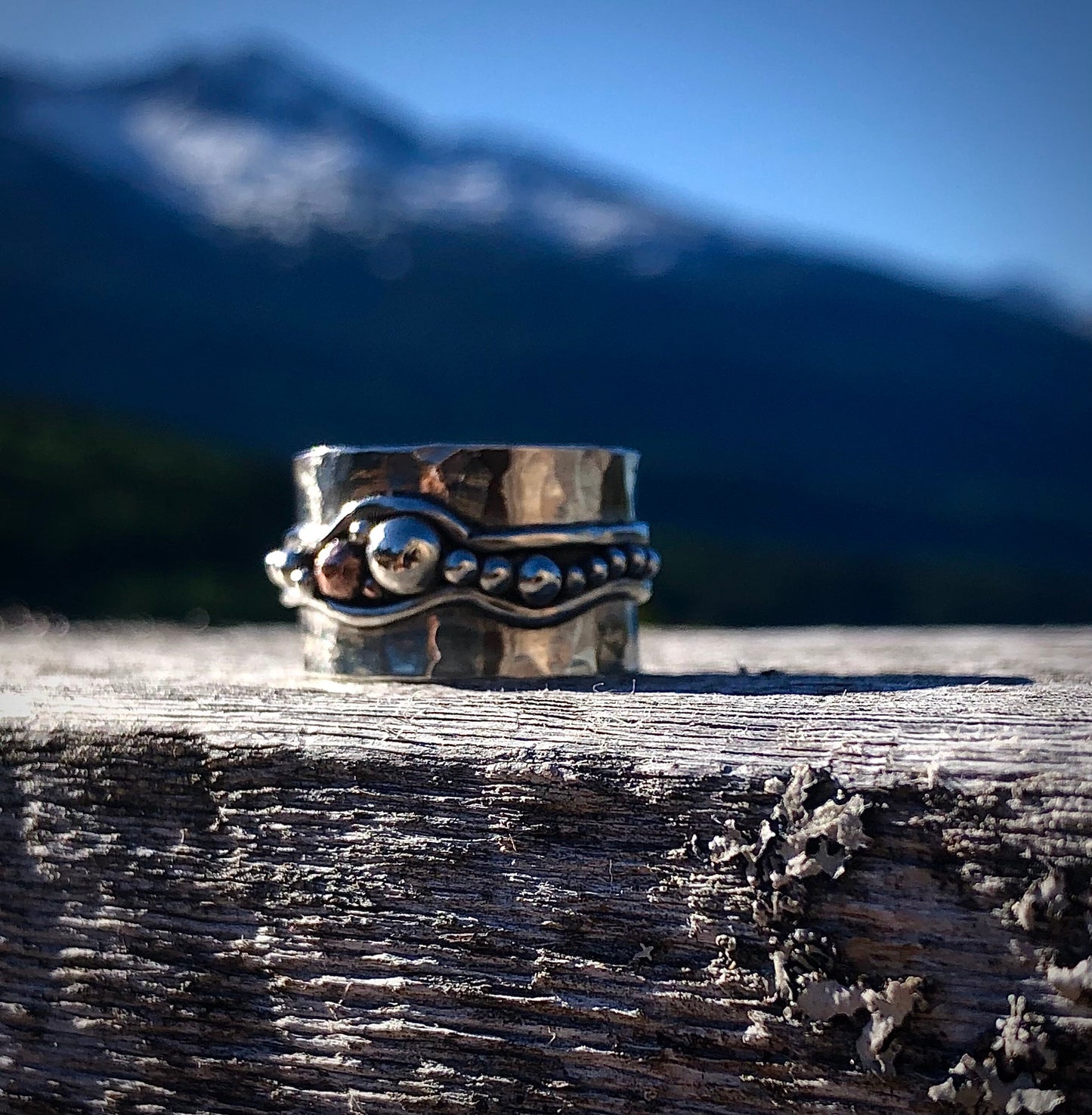 Sterling Silver Wide Band, Boho Style Statement Ring. River Rocks on Hammered Silver. Made in Alaska