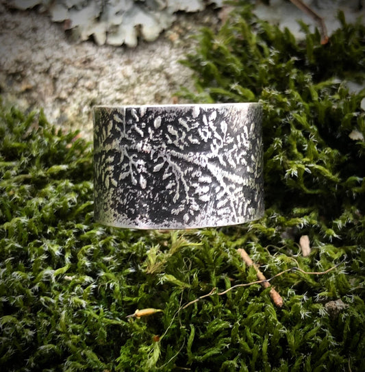 Sterling silver wide band Moss ring with texture. Rustic botanical style