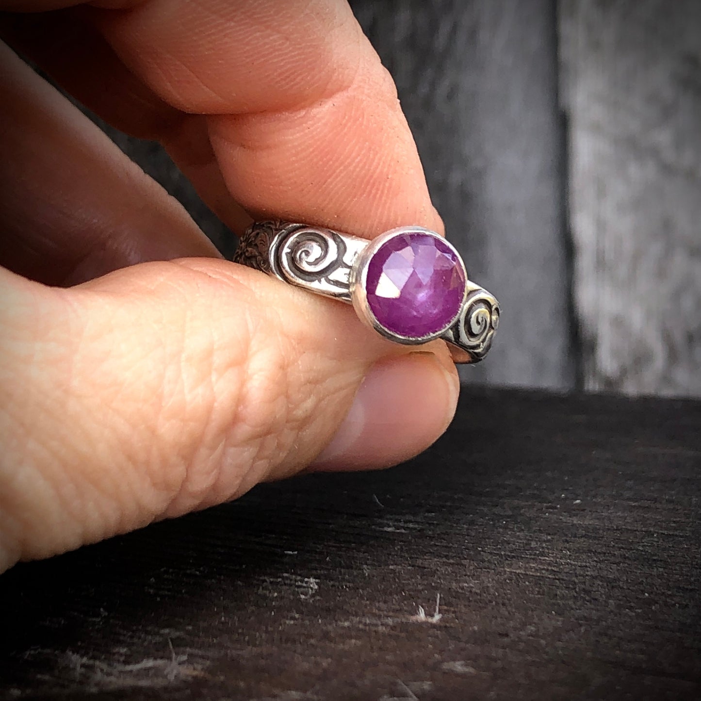 Sterling silver Pink Sapphire ring with galaxy swirl and  starflowers