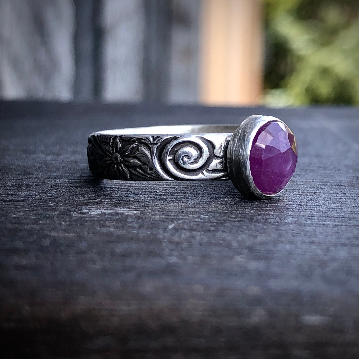 Sterling silver Pink Sapphire ring with galaxy swirl and  starflowers