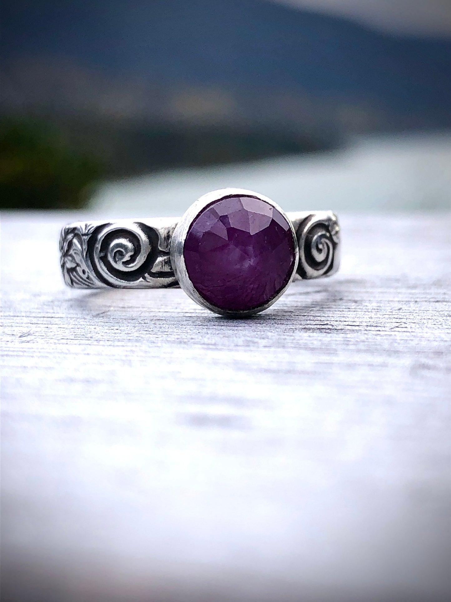 Sterling silver Pink Sapphire ring with galaxy swirl and  starflowers