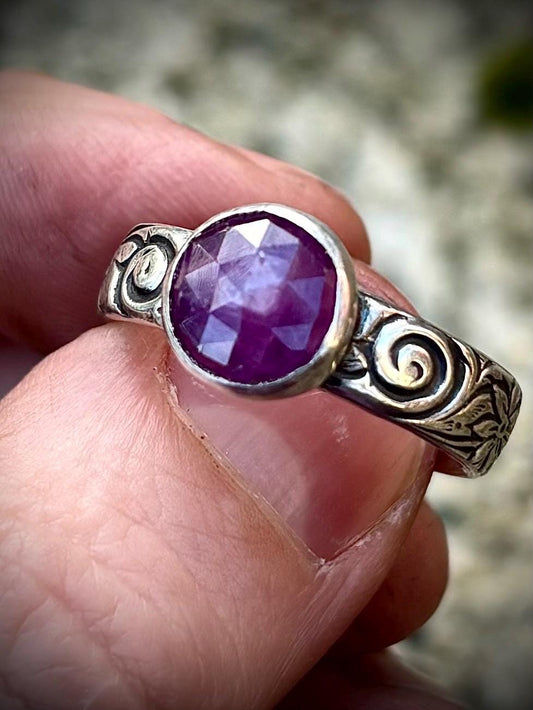 Sterling silver Pink Sapphire ring with galaxy swirl and  starflowers