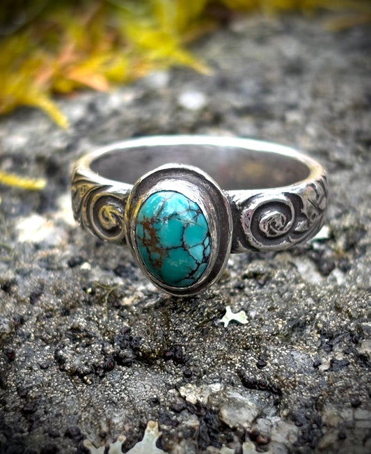 Beautiful  sterling silver teal turquoise ring with galaxy swirl and  starflowers